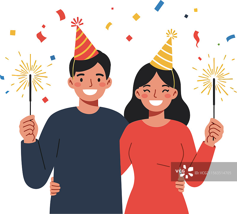 快乐的情侣在庆祝时挥舞烟花棒图片素材
