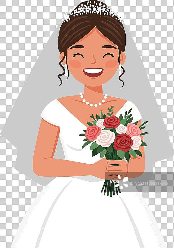 快乐的新娘手捧花束，背景简约图片素材