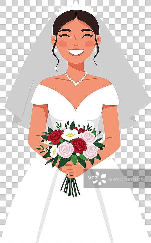 快乐的新娘在优雅的公寓中手捧花束图片素材