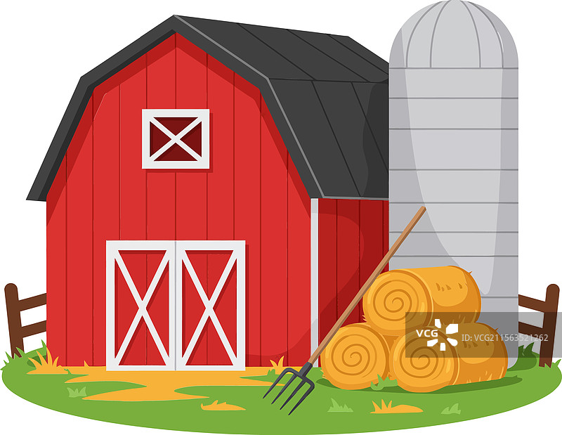 红色谷仓与筒仓和干草堆的平面艺术图图片素材