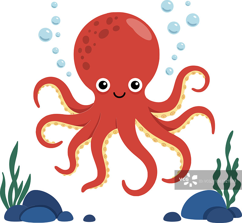 可爱的红色章鱼与气泡在平面上图片素材