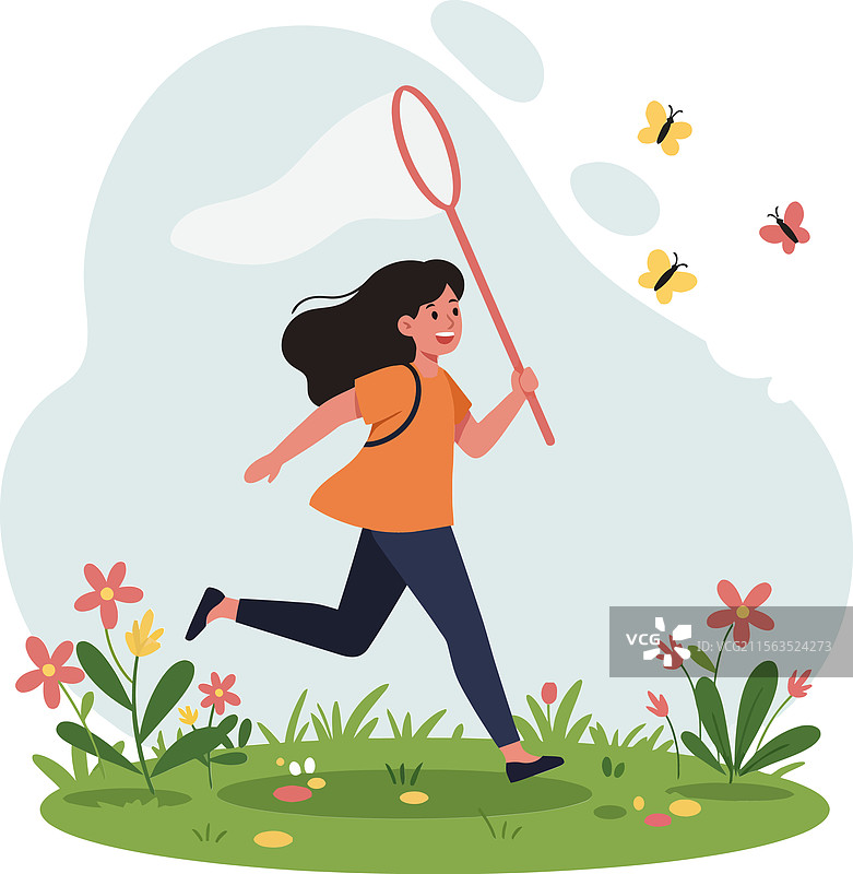 女孩快乐地在田野里奔跑，手里拿着一个捕蝴蝶的网。图片素材