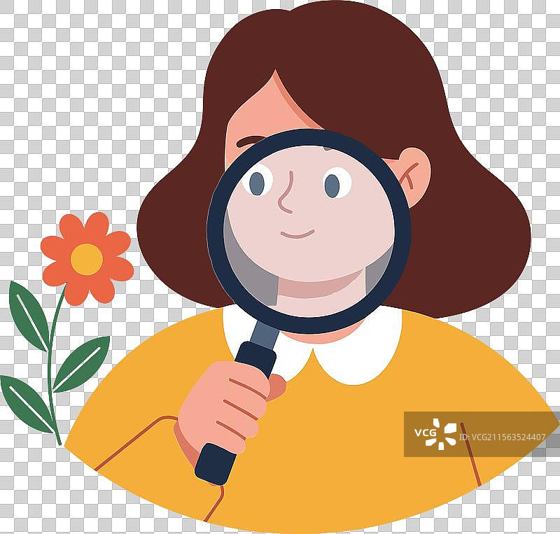 好奇的女孩用放大镜观察花朵图片素材