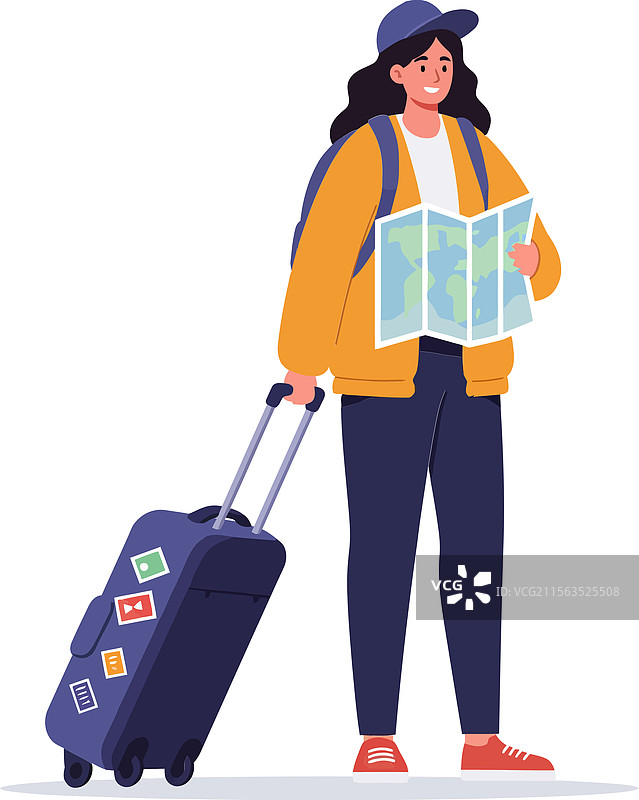 拿着行李箱的女人在仔细查看地图图片素材