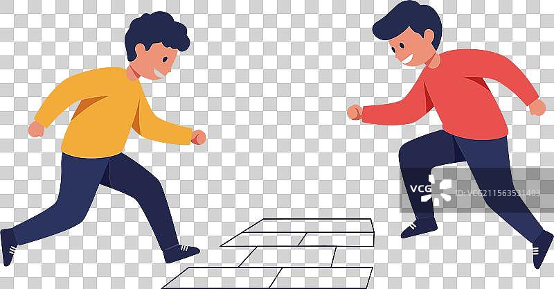 两个孩子在阳光明媚的地方玩跳房子游戏图片素材