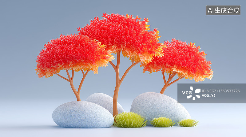 【AI数字艺术】3D卡通红色树木与石头景致图片素材