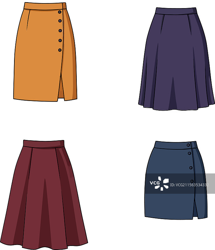四条时尚女性裙子，颜色各异图片素材