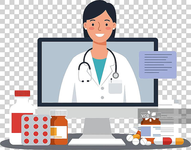 医生在电脑屏幕前，周围有图片素材