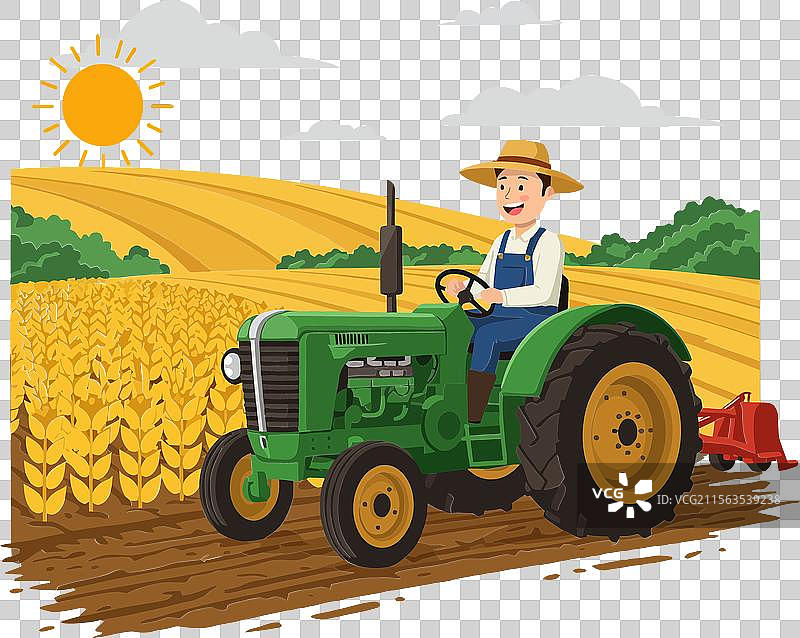 拖拉机在平坦的金色田野中行驶图片素材