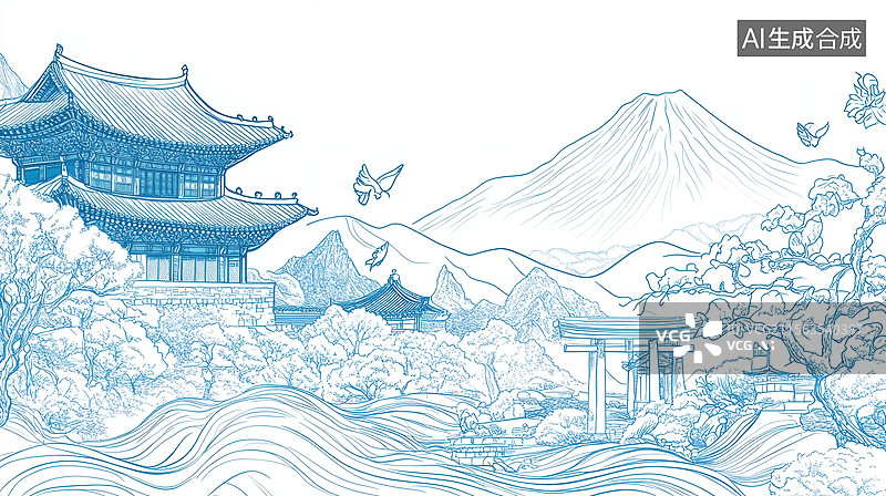 【AI数字艺术】古风建筑线条图片素材