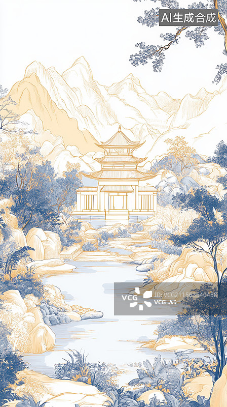【AI数字艺术】国潮风建筑线条图片素材