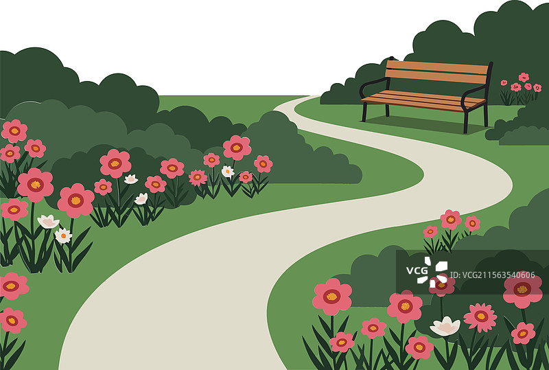 宁静的公园场景，花朵和长椅在平面上图片素材