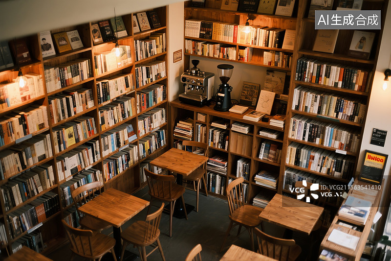 【AI数字艺术】咖啡馆书店，文艺复古风格，4k高清图片素材