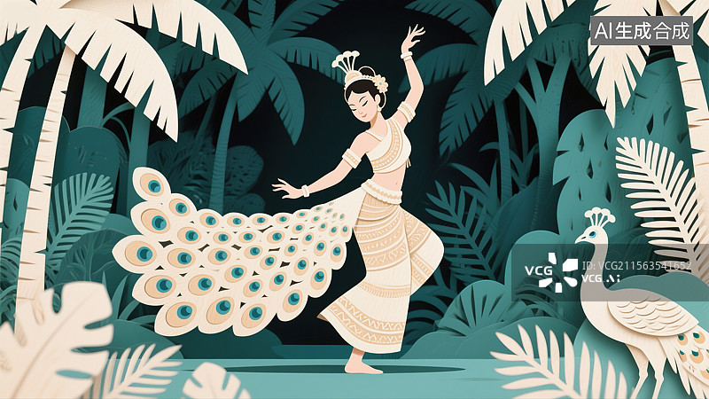 【AI数字艺术】非遗文化剪纸主题优雅傣族孔雀舞创意抽象3D剪纸风格背景传统服饰舞者优美舞姿热带雨林和孔雀元素海报图片素材
