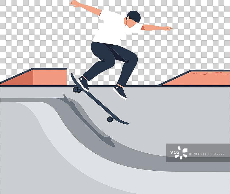 滑板运动员在现代公寓中表演特技图片素材