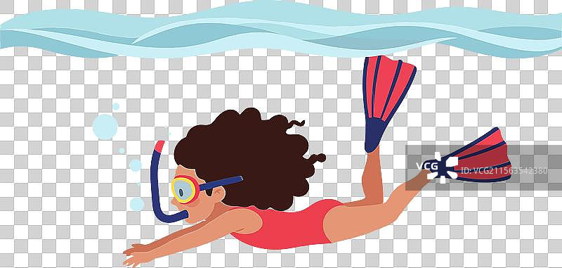 女孩在扁平风格艺术中水下游泳图片素材