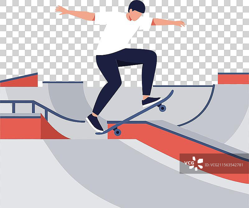 滑板运动员在现代滑板场表演特技图片素材