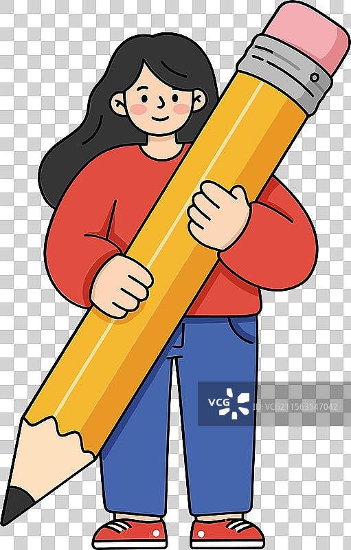 女孩在公寓里拿着一支大黄铅笔图片素材