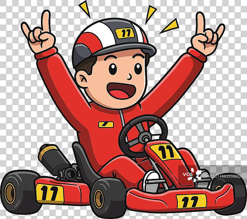 兴奋的孩子在平面设计艺术风格的卡丁车中竞速图片素材