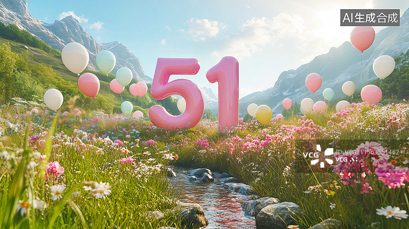 【AI数字艺术】五一劳动节户外草地溪流风光图片素材