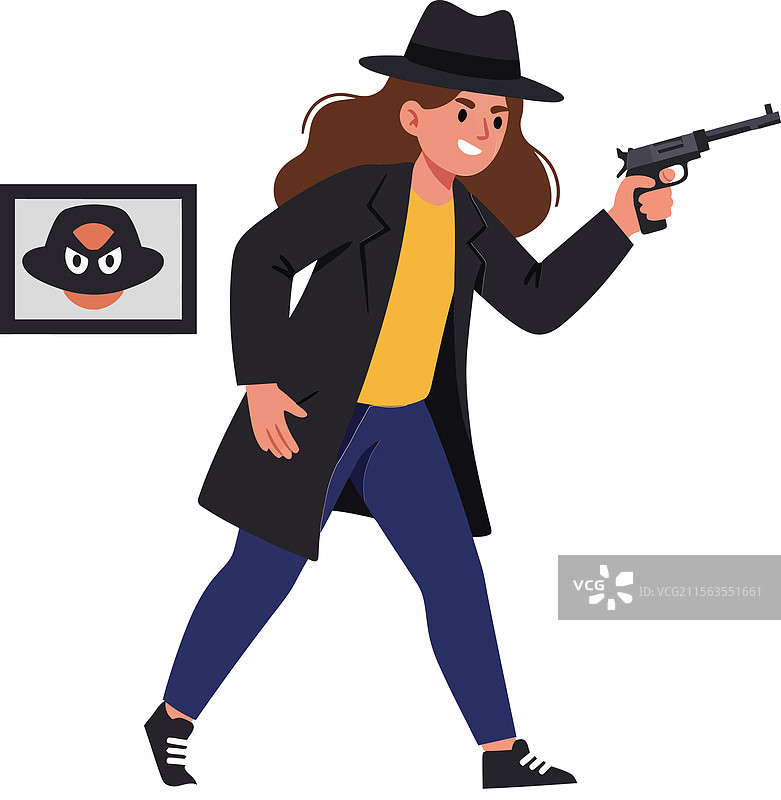 穿着风衣的女性在平面艺术中瞄准手枪图片素材