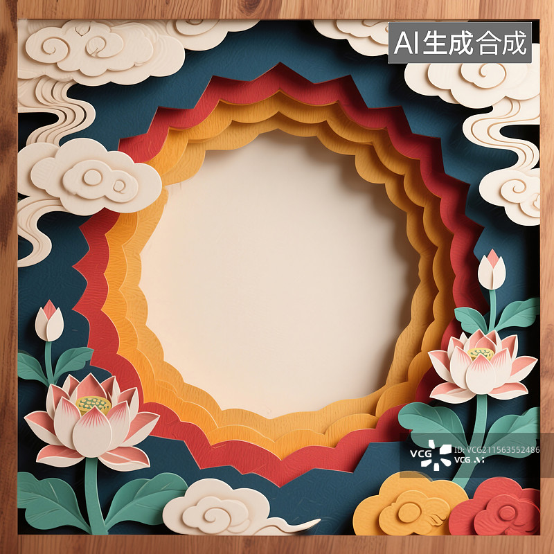 【AI数字艺术】非遗文化剪纸主题插画绚丽唐卡风格抽象背景剪纸艺术中的莲花与祥云国风装饰框壁纸传统与现代元素商业设计图片素材
