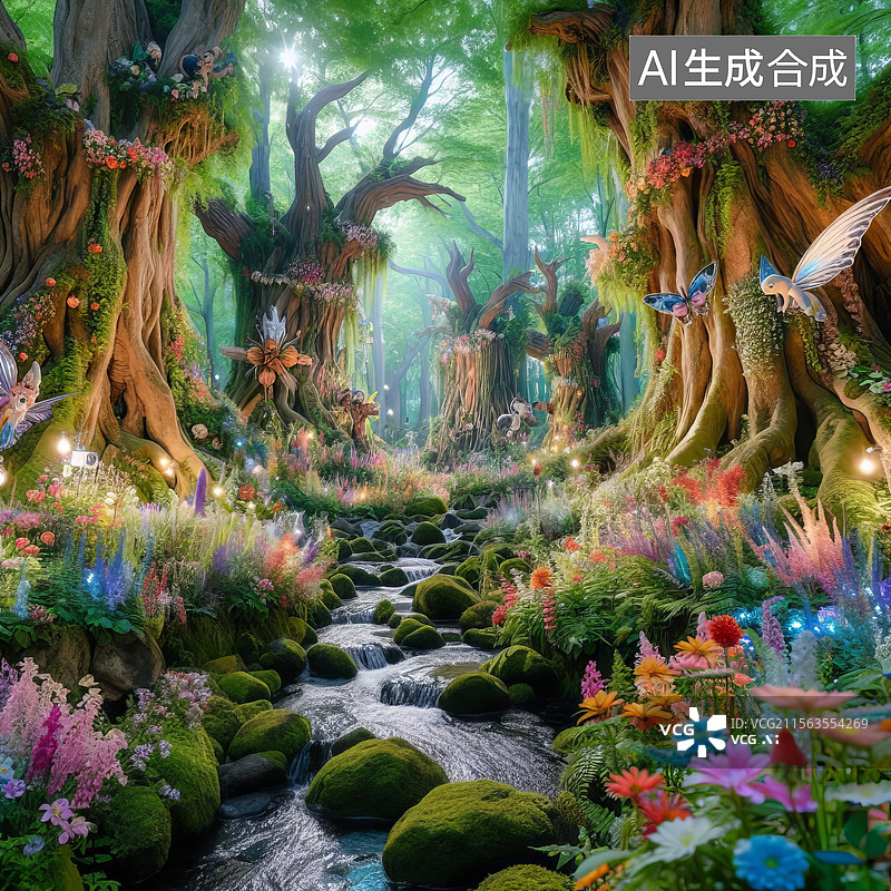 【AI数字艺术】奇幻森林中的溪流与花朵图片素材
