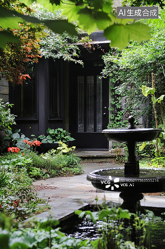 【AI数字艺术】花园喷泉与黑色门廊图片素材