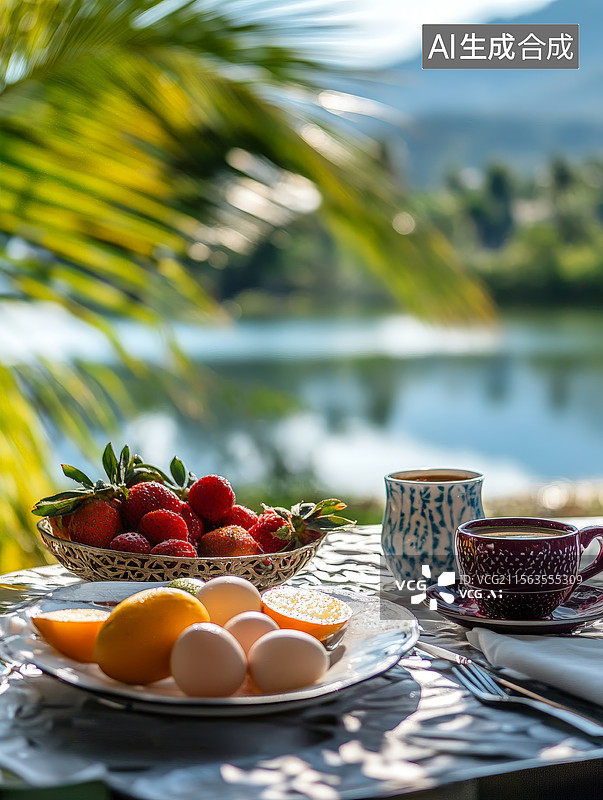 【AI数字艺术】湖畔早餐图片素材