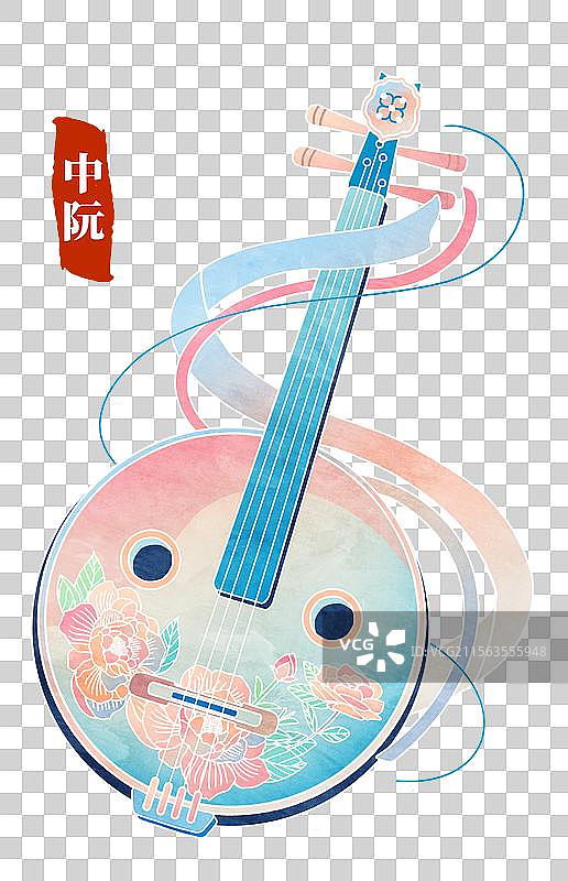 插画国潮画风古代乐器中阮免扣元素图片素材