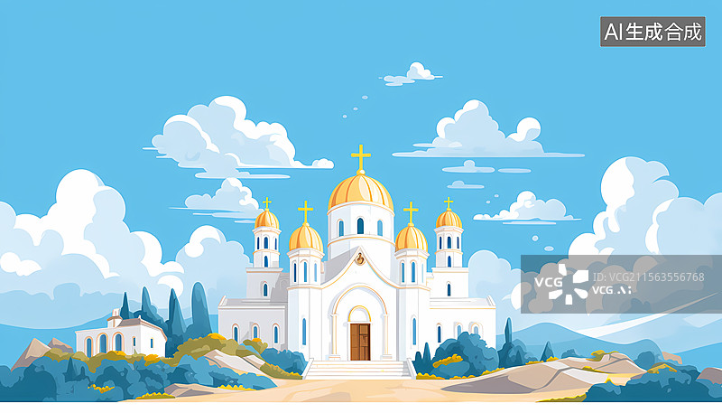 【AI数字艺术】山顶上的白色教堂图片素材