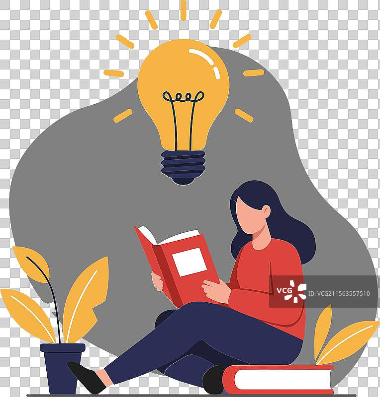 女人在阅读一本书，头顶上方有一个灯泡。图片素材