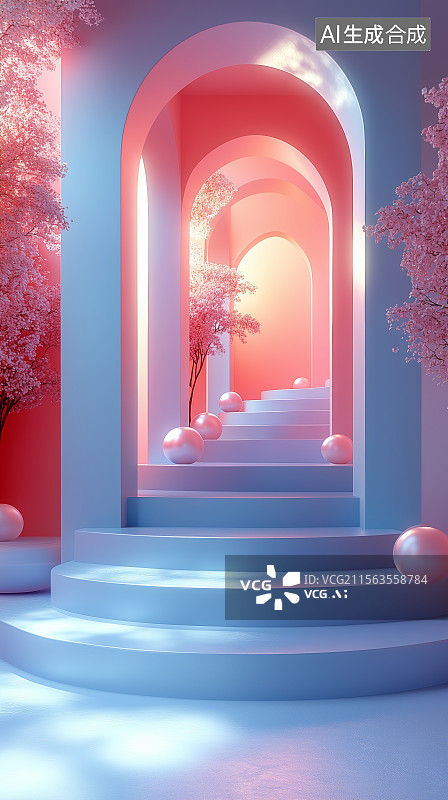 【AI数字艺术】粉色拱门与圆形平台的现代室内设计图片素材