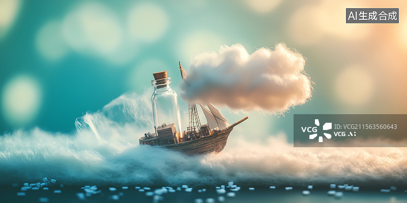 【AI数字艺术】瓶中帆船乘云破浪创意风格插画海报图片素材