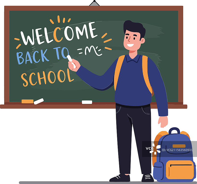 学生在充满活力的平面艺术风格的黑板上写字图片素材