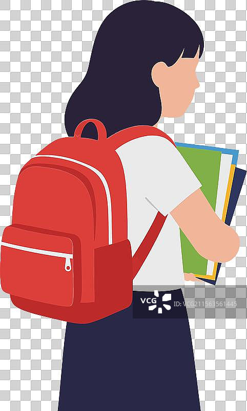 背着红色背包的学生手里拿着五颜六色的书籍图片素材