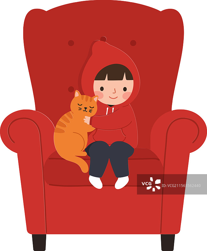 坐在舒适红色扶手椅上的孩子和猫咪图片素材