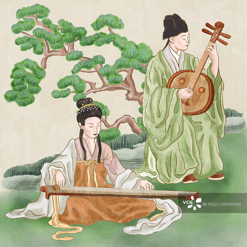 插画国画水彩素雅古风古代人物演奏传统乐器古琴中阮图片素材