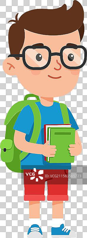 戴眼镜和背包的小男孩平面艺术风格图片素材