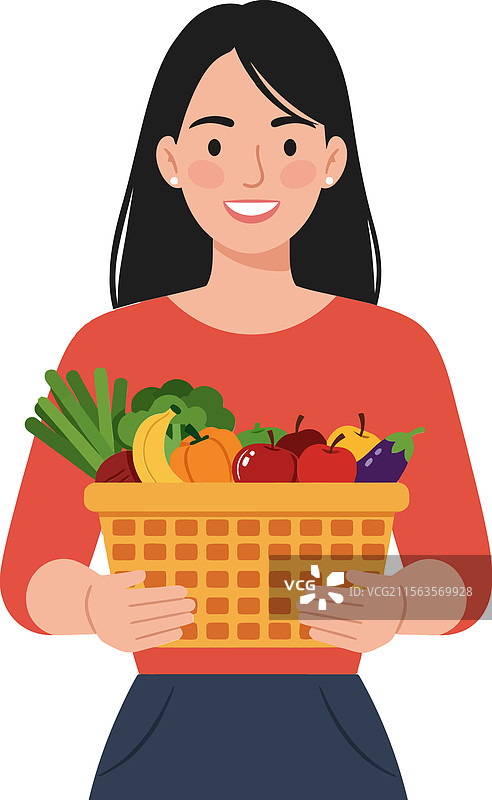 微笑的女人手里提着一篮新鲜的食物图片素材