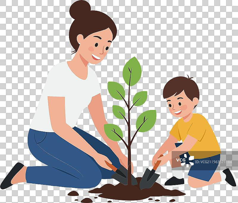 母亲和孩子在平面艺术中种树图片素材