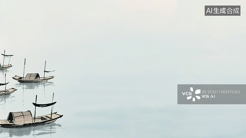 【AI数字艺术】复古中国风水墨画左下背景，河流湖泊江水海面 许多大量小舟木头船只 新国风极简意境禅意装饰画图片素材