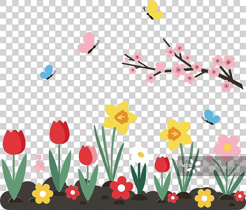 五彩缤纷的春季花园，蝴蝶飞舞图片素材