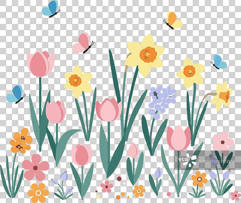 五彩缤纷的花园场景，蝴蝶飞舞图片素材