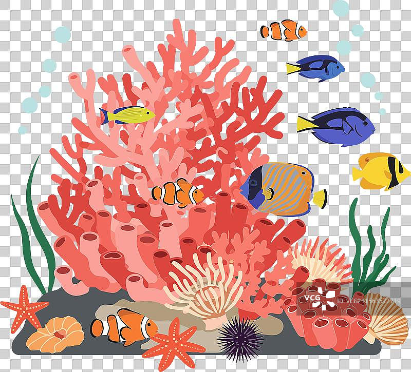 色彩斑斓的珊瑚礁与多样的鱼类在平面艺术中图片素材