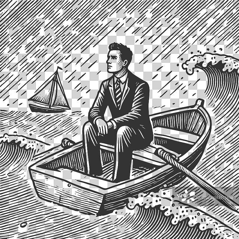 在暴风雨海面上划船的商人图片素材