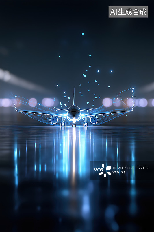 【AI数字艺术】夜间跑道上的飞机图片素材