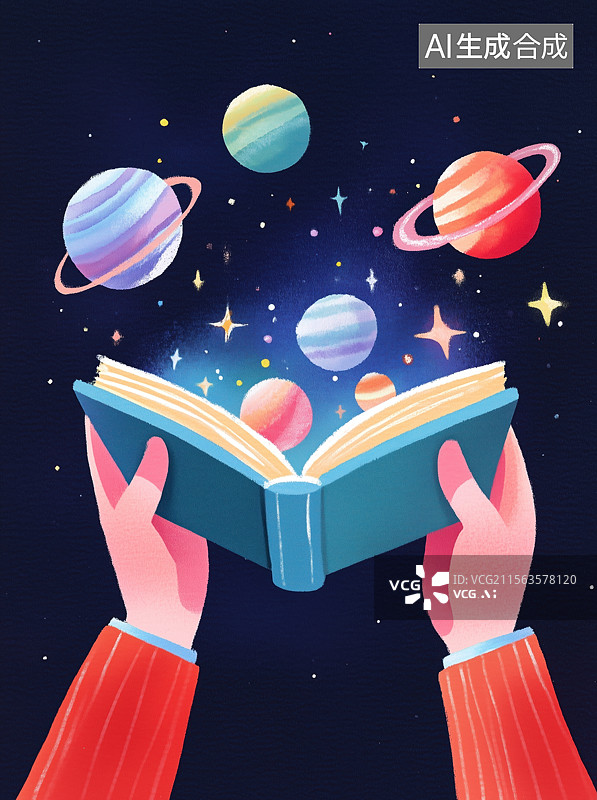 【AI数字艺术】卡通手举图书太空星球天文知识儿童节可爱手绘彩铅风格插画背景图片素材