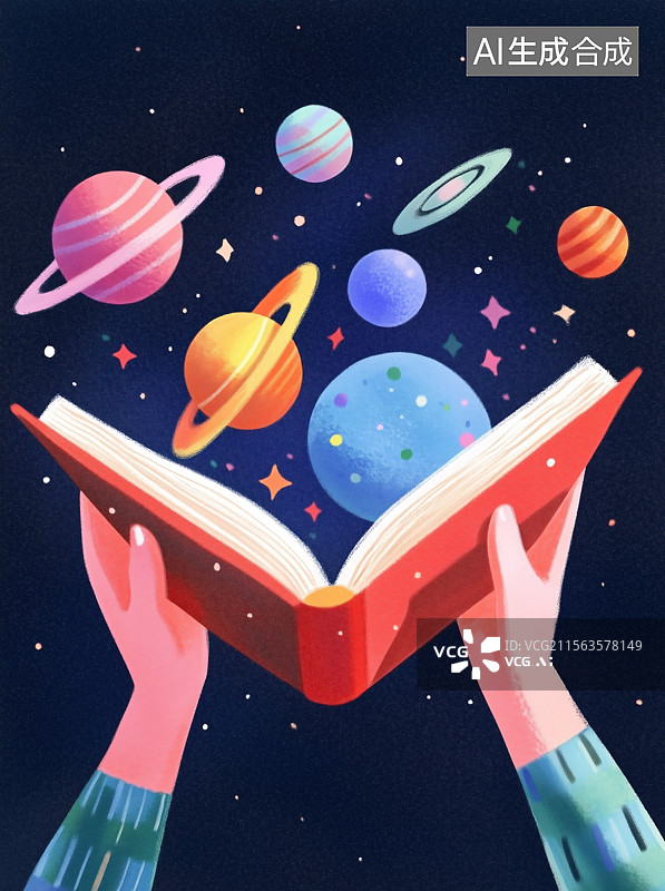 【AI数字艺术】卡通手举图书太空星球天文知识儿童节可爱手绘彩铅风格插画背景图片素材