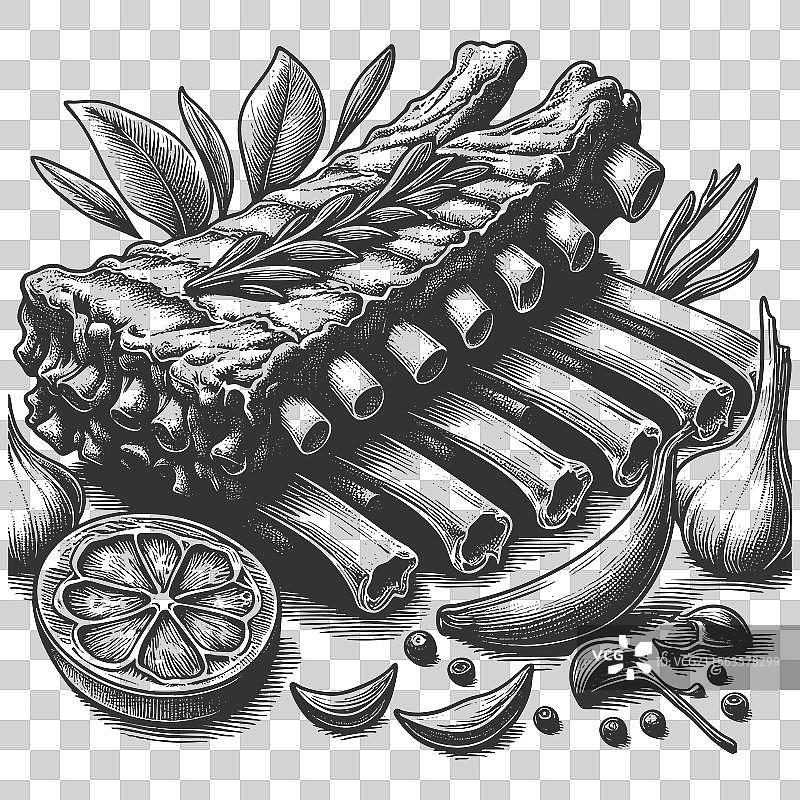 烤排骨配薯条和酱汁图片素材